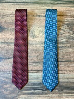 Lot of 2 BriO Men's Neckties - Blue Medallion & Red Micro-Geometric